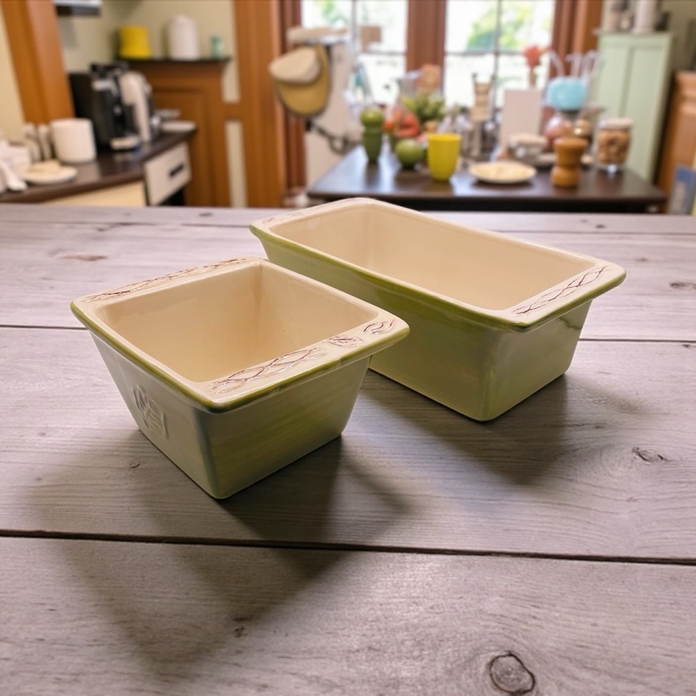 Tastefully Simple Olive Green Host Collection Bread Loaf Pan 11" & 7” Baking Pan